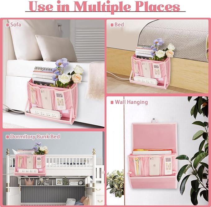 Bedside Caddy Bedside Storage Organizer Bedside Organizer with Power Strip Holder and 2 Adjustable Straps for Home Bunk Bed Dorm Sofa (Pink)