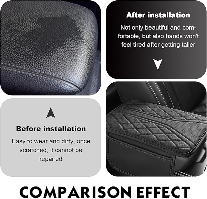 Arwrilt Car Center Console Cover, Leather Automotive Armrest Cushion with 2 Storage Bags, Breathable Armrest Cover, Universal Waterproof Arm Rest Protection Pad for SUV, Sedan, Truck (Black)