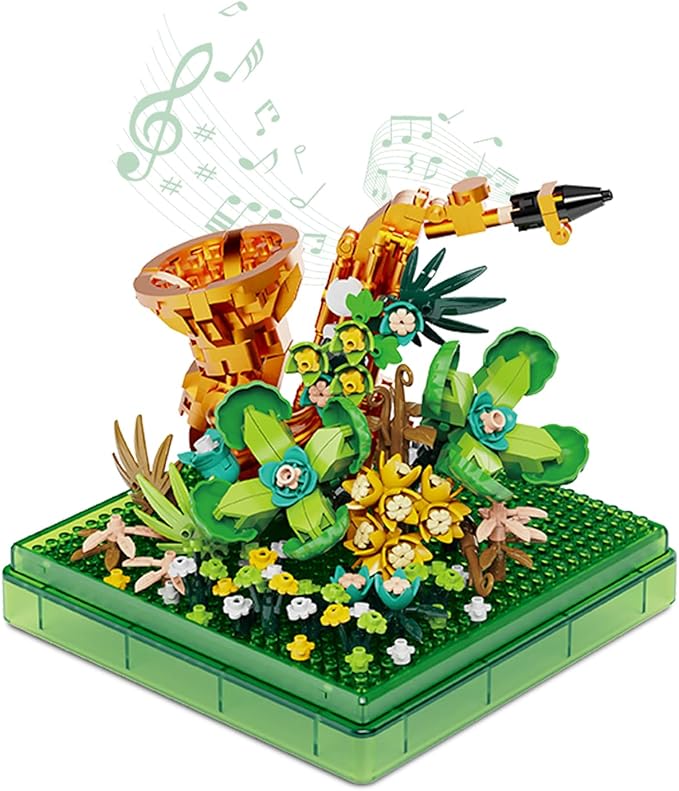 Saxophone Mini Building Block Sets with Colorful Flower Decor, Micro Building Sets with Dust Cover,Gift for Girl,Lover,Mother, Home Office Decor Kit Suit for Kids and Adult Aged 8+(Saxophone)