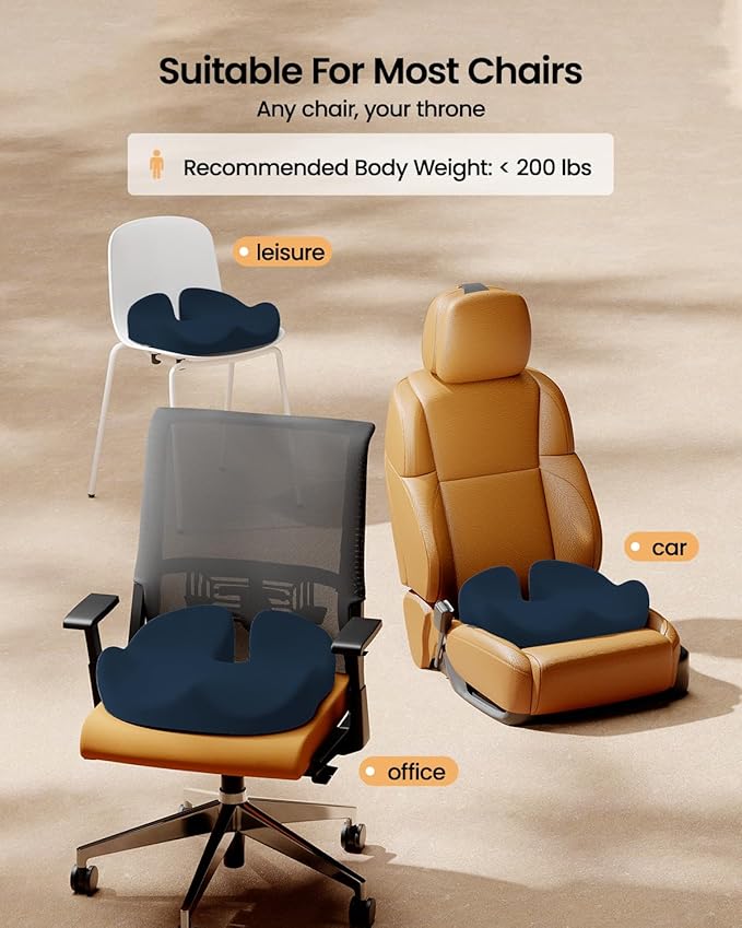 ProtoArc Seat Cushion, Office Chair Cushion for Sciatica, Coccyx Cushion, Ergonomic Memory Foam Seat Cushion for Car, Home, Pressure Relief Pad for Hip, Tailbone, All Day Comfort - Navy