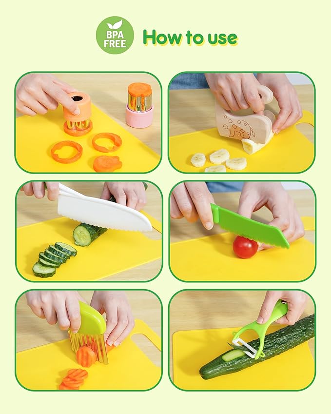 Kids Kitchen Knife Set, 11 Pcs BPA Free Montessori Kitchen Tools for Toddlers' Real Cooking, Include Kid Knives, Crinkle Cutter, Sandwich Cutters, Peeler, Cutting Board for Birthday