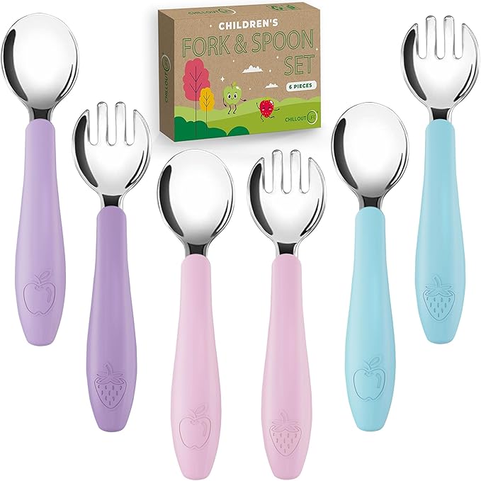 CHILLOUT LIFE Toddler Utensils, Kids Silverware with Silicone Handle, Stainless Steel Metal Toddler Forks and Spoons Safe Baby Cutlery Set for Self Feeding BPA Free Dishwasher Safe