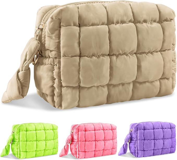Puffer Quilted Makeup Bag Cosmetic Bags,Puffy Travel Toiletry Pouch for Women,Cute Checkered Zipper Bag Travel Essential,Portable Aesthetic Make up Organizer Bag for Gifts Work Daily(Khaki,S)