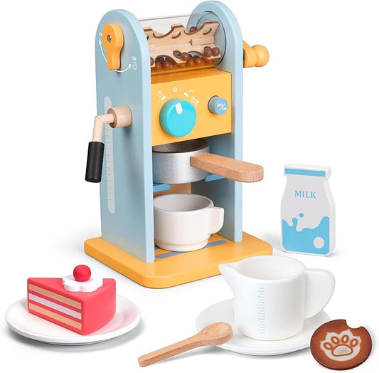 ICEKO Wooden Toy Coffee Maker Set with Grinder - 11pcs Realistic Play Kitchen Accessories for Kids - Pretend Play Toys - Kitchen Playset for Girls and Boys