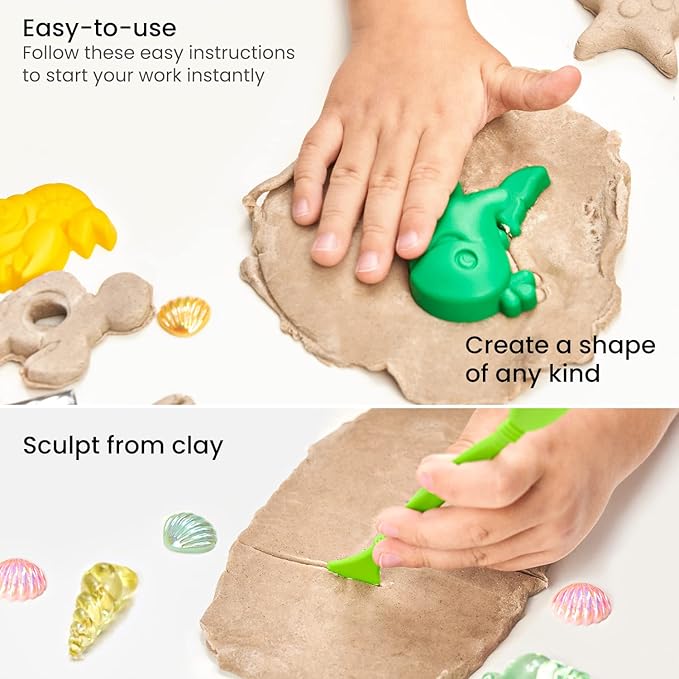 Arteza Kids Air-Dry Modeling Clay Kit, 6 x 8-oz Packs, 12 Sandy Clay Molds and 15 Assorted Sea-Life Beach Decorations, Soft, Pliable, Supplies for Kids’ Crafts and Sensory Play