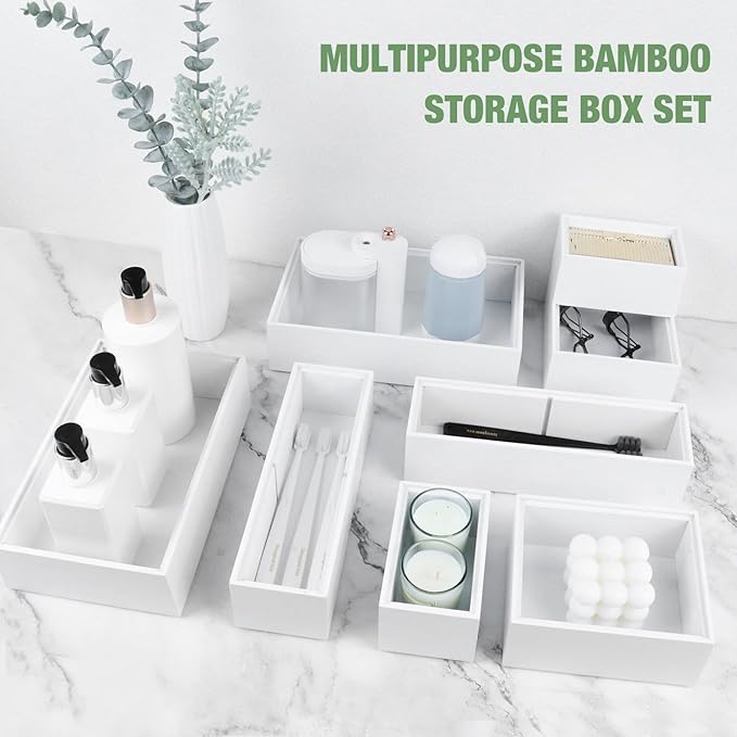 Bamboo Drawer Organizer Set, 8 PCS Multi-Use Wood Drawer Storage Boxes, Junk Drawer Organizer Divider Bins for Kitchen, Bathroom, Office Desk, Makeup, Jewelry, Utensils