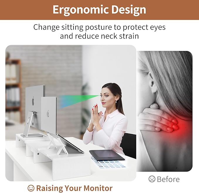 Dual Monitor Stand Riser - Computer Monitor Stand for 2 Monitors，Office Desktop Organizer，Adjustable Length and Angle 3 Shelf with Storage Drawer Phone Holder for Monitors and Laptops-White