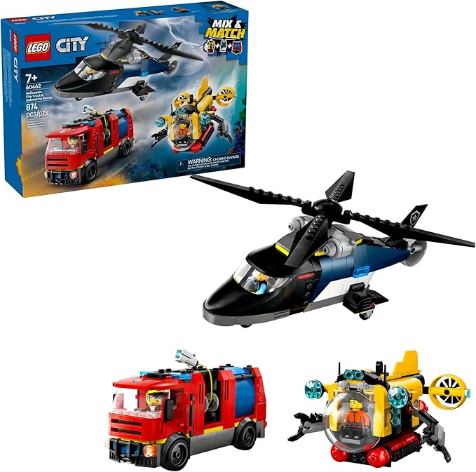LEGO City Helicopter, Fire Truck & Submarine Remix Kids Toy - 3 Building Toys in 1 for Boys and Girls, Ages 7+ - Gift Idea for Birthdays and Holidays - with 3 Minifigures - 60462