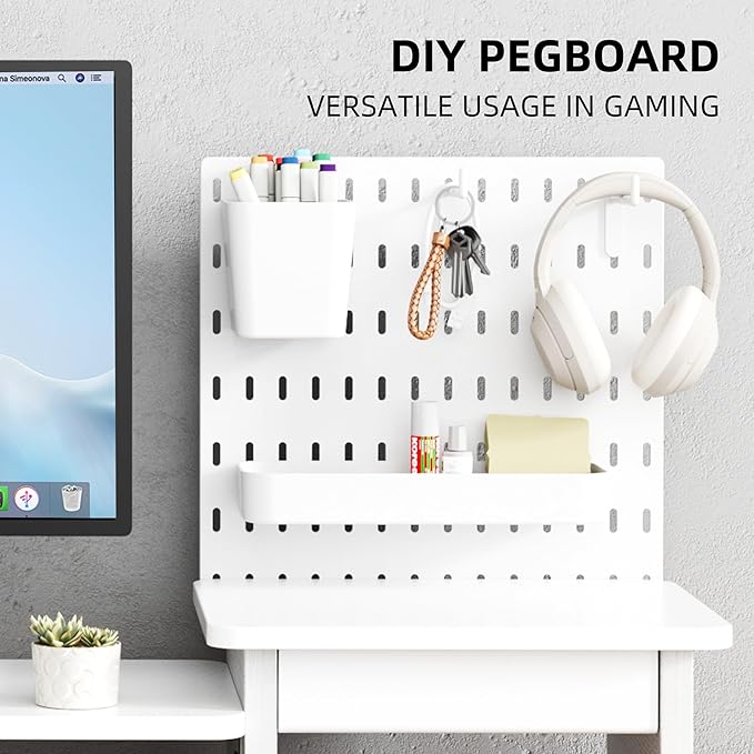 Pegboard Monitor Stand Riser,Computer Monitor Stand with 2 Hooks Cable Management Desk Organizer and Drawer for Laptop,PC,Computer,Printer,White