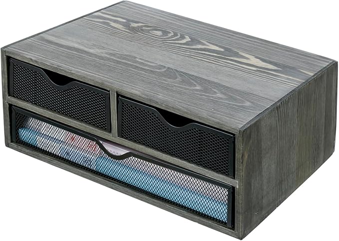 MyGift Vintage Weathered Gray Solid Wood Desktop Organizer Box with 3 Removable Black Metal Mesh Trays, Office Desk Supplies Storage Drawers for Accessories