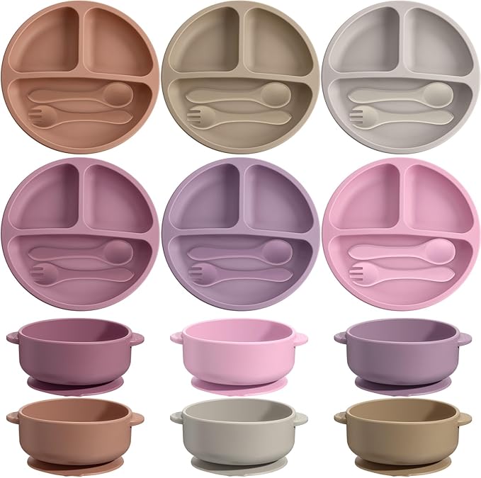Dandat 24 Pcs Silicone Baby Feeding Set,6 Baby Toddler Suction Bowls 6 Divided Suction Plates with 6 Forks 6 Spoons, Utensils Set for Weaning Infant Feeding and Eating, 6 Styles(Light Color)
