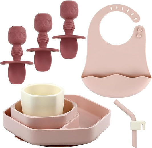 Silicone Baby Feeding Set,8 Pack Baby Weaning Sets Baby Led Weaning Supplies & Utensils Suction Plate and Bowl, Baby Cup with Straw, Bib, Feeder Spoons for 6+ Months (Pink)