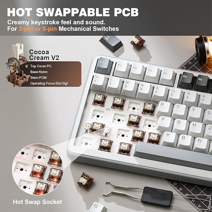 YUNZII B75 PRO Wireless Mechanical Keyboard,75% Layout with Knob,Hot Swap Gasket Custom Structure,Creamy Pre-lubed Switches,RGB Backlit,Bluetooth/Type-C/2.4G for Win/Mac(Cocoa Cream V2 Switch,Grey)