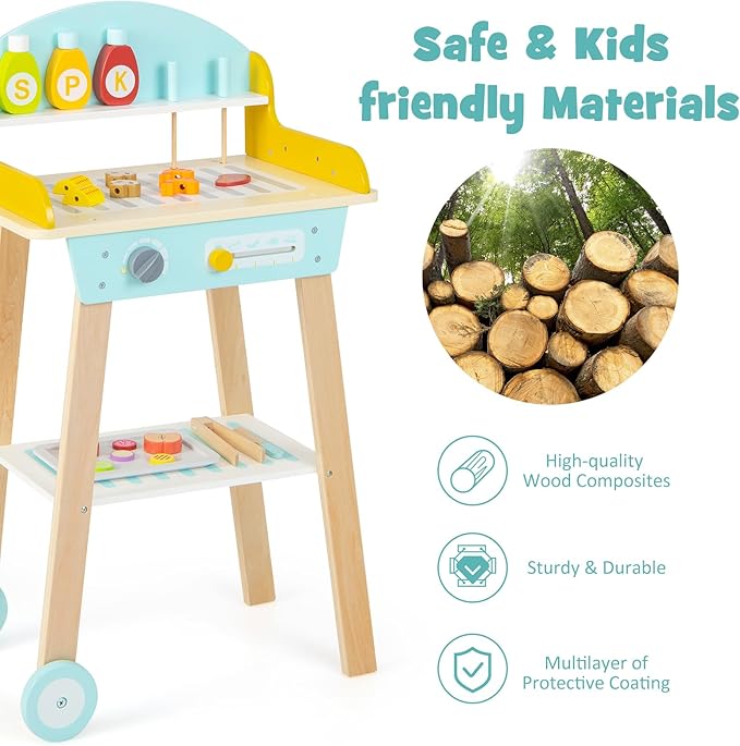 INFANS Kids Grill Playset, Wooden Pretend BBQ Toy Set with 21 Food Accessories, Role Play Kitchen Cooking Set Gift for Toddlers Boys Girls Age 3+