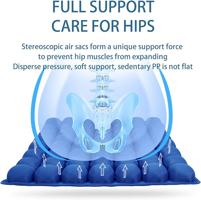 Inflatable Seat Cushion - Portable Travel Cushion for Airplane, Office & Camping - Adjustable Support with Pressure Dispersion to Prevent Discomfort & Bedsore-Blue