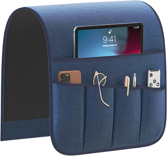 Sofa Armrest Organizer Non-Slip Remote Control Holders for Recliner Couch Chair Armchair Caddy with 5 Pockets for Table,Cell Phone,Ipad,Magazines,Books (13x35In, Navyblue)