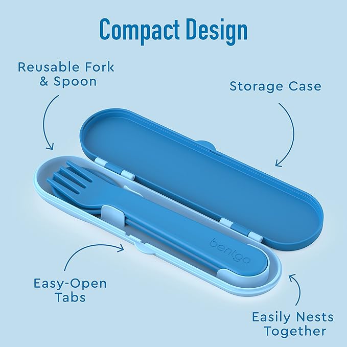 Bentgo Kids Utensil Set - Reusable Plastic Fork, Spoon & Storage Case - BPA-Free Materials, Easy-Grip Handles, Dishwasher Safe - Ideal for School Lunch, Travel, & Outdoors (Blue)