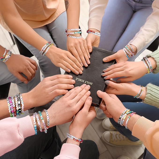 48 Pcs Bracelets Jesus You Bracelets Handmade Elastic Beaded Bracelets Colorful Layered Cross Bracelets Inspirational Religious Reminder Jewelry Gift for Her (Heart)