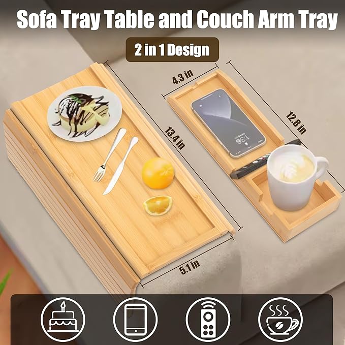 Bamboo Couch Cup Holder, Foldable and Anti-Slip Sofa Arm Table with Detachable Sofa Arm Organizer Tray, Portable 2 in 1 Sofa Armrest Tray for Drink, Coffee, Cup, Remote, Snacks, Cellphone, Glasses