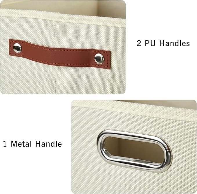 3-Pack Foldable Fabric Storage Bins with Durable PU & Metal Handles, Collapsible Storage Baskets for Shelves, Home Storage, Closet Organizers, Living Room(17"x11.8"x11.8", Beige)