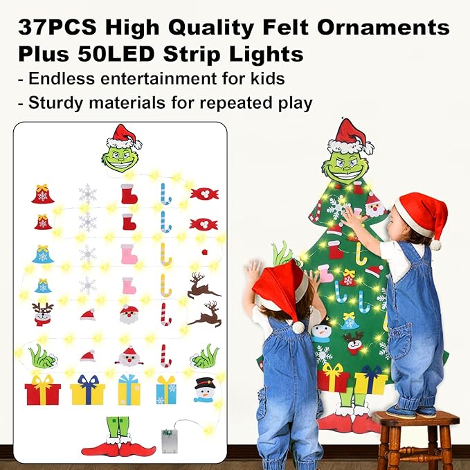 4.5ft Felt Christmas Tree for Toddlers with LED Light & 37pcs Ornaments, Velcro Montessori DIY Xmas Decorations - 4.5 Feet