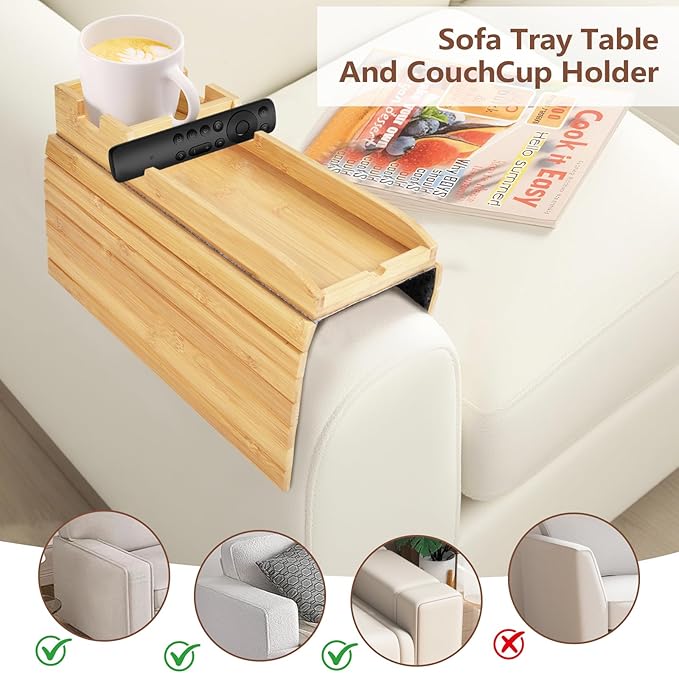 Foldable Bamboo Couch Arm Tray with Cup Holder - Anti-Slip Sofa Armrest Organizer for Drinks, Snacks, Remotes, Phones & More - Eco-Friendly Home Decor Gift (Bamboo)
