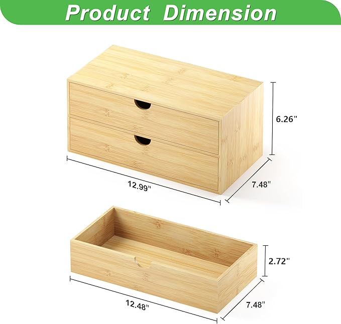 Wisuce Desk Organizer with Drawers - Bamboo Desktop Organizer Storage Natural Wood Desk Drawers Organizer for Bills, Office Supplies, Cosmetics, Seals No Assembly Required 3 Drawers（left-right)