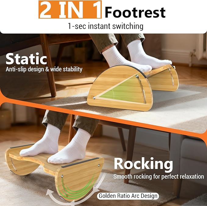 Bamboo Foot Rest for Under Desk at Work - Reversible Rocking Under Desk Footrest 2-in-1 with 6 Adjustable Heights, Ergonomic Foot Rest Under Desk with Anti-Slip Surface for Home, Office and Gaming
