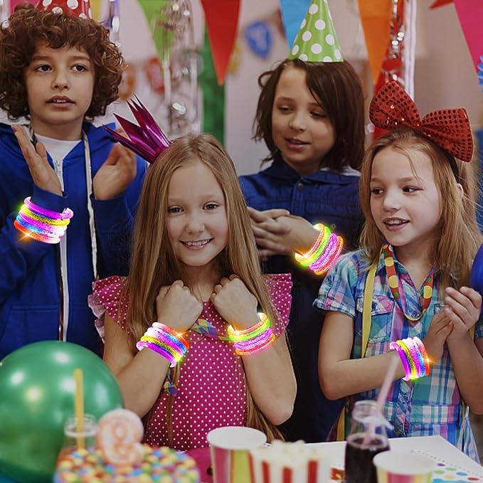 AMENON 24 Pack Valentines Day Gifts for Kids Glow In The Dark LED Bracelets with Valentines Cards for Kids Light UP Bracelets Valentines Classroom Gifts Exchange School Carnival Prizes Party Favor