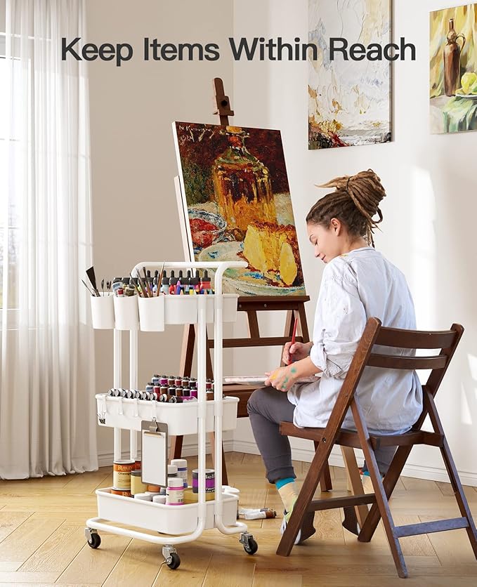 Pipishell 3 Tier Rolling Cart - Art & Craft Organizer Cart with Hanging Cups & Hooks - White Metal Storage Carts with Wheels Perfect for Craft Room, Office, Kitchen, Bedroom, Bathroom, Laundry Room