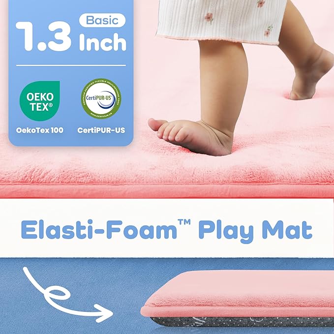 1.3" Thick Baby Floor Play Mat 59x79, Basic Padded Foam Mat for Tummy Time Crawling, Non Slip Cushioned for Babies Toddlers Infants Kids (Pink)