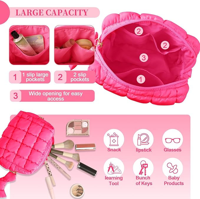Puffer Quilted Makeup Bag Cosmetic Bags,Puffy Travel Toiletry Pouch for Women,Cute Checkered Zipper Bag Travel Essential,Portable Aesthetic Make up Organizer Bag for Gifts Work Daily(RoseRed,S)
