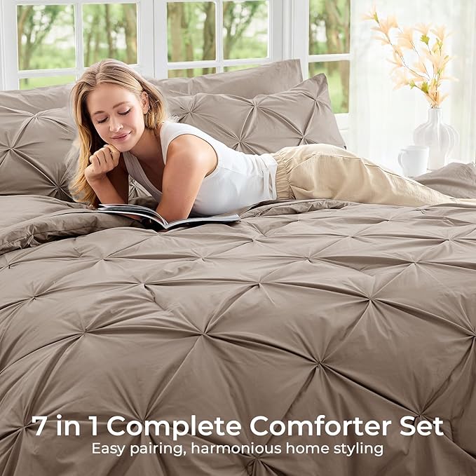 Sasttie Queen Comforter Set, 7-Piece Bed in a Bag, Pintuck Bedding Sets for All Season, Includes Comforter, Flat Sheet, Fitted Sheet, Pillowcases and Pillowshams, Dark Linen