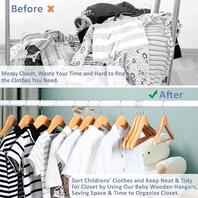 FairyHaus Kids Hangers 20 Pack 12.8 Inch, Natural Wooden Baby Hangers for Closet, Anti-Rust 360° Swivel Hook, Notches & Smooth Finish, Durable and Strong Childrens Hangers for Clothes