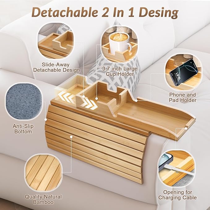 FUNKYLEE Bamboo Couch Armrest Table, Arm Tray with Removable Couch Cup Holder, 2 in 1 Design Foldable Anti-Slip Bamboo Sofa Arm Tray for Remote Controls, Phones, Cups and Snacks