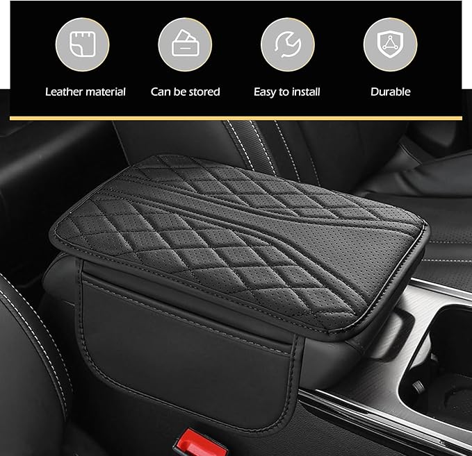 Bawkars Car Center Console Cover, Leather Vehicle Armrest Protector Cushion with 2 Side Storage Bags, Auto Breathable Middle Interior Accessories, Universal for SUV, Sedan, Truck (Black)