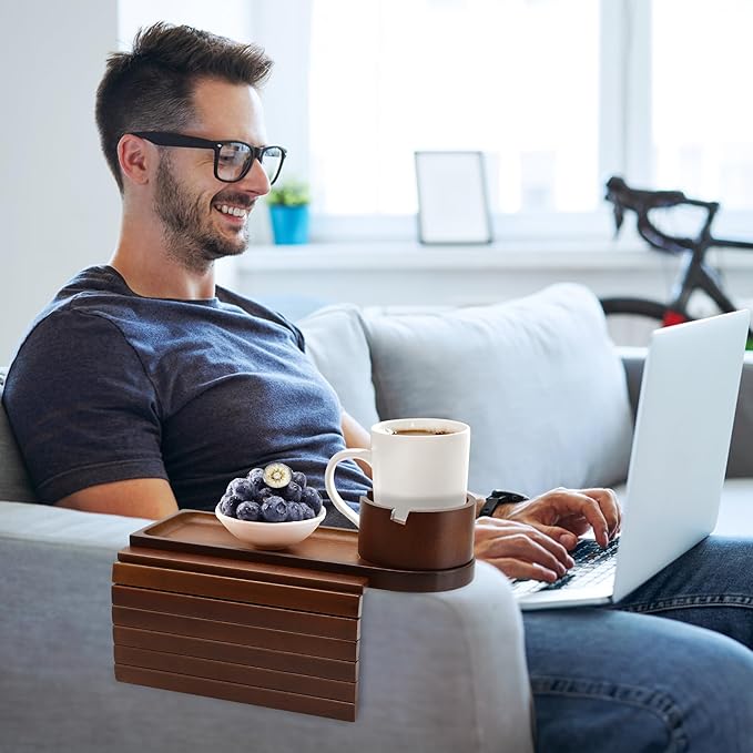 Couch Cup Holder,Bamboo Couch Arm Tray with 360° Rotating Cup Holder,Foldable Anti-Slip Sofa Arm Chair Tray for Eating Snack Drink Side Table