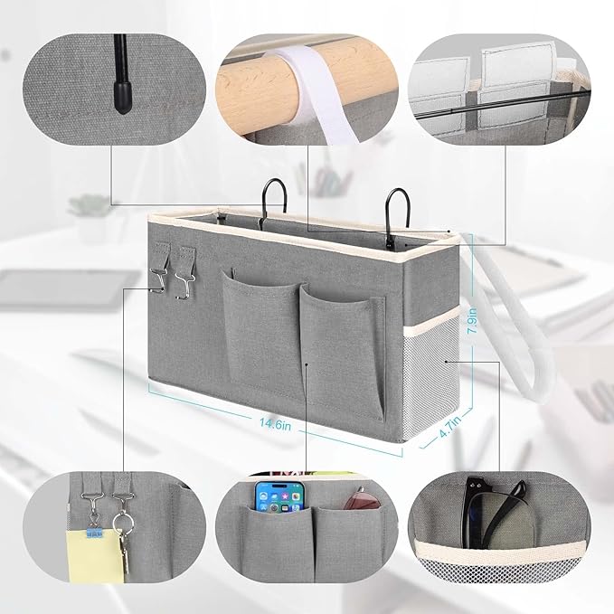 1pcs Bedside Caddy Hanging Storage Bag, Organizer Baskets with Pockets for Bunk Bed Accessories, Loft & Dorm Rooms Chair Bed Rails (Grey-1pcs)