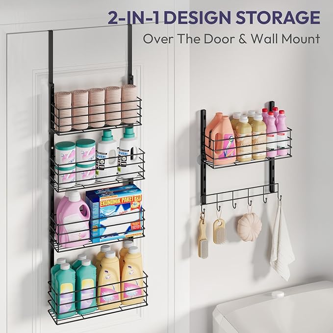 SWTYMIKI Over The Door Organizer - Door Organizer Hanging with 5 Adjustable Metal Large Capacity Basket and 6 Coat Hook, Wall Mounted Shelf for Bedroom Closet Bathroom Laundry Pantry Cabinet Kitchen