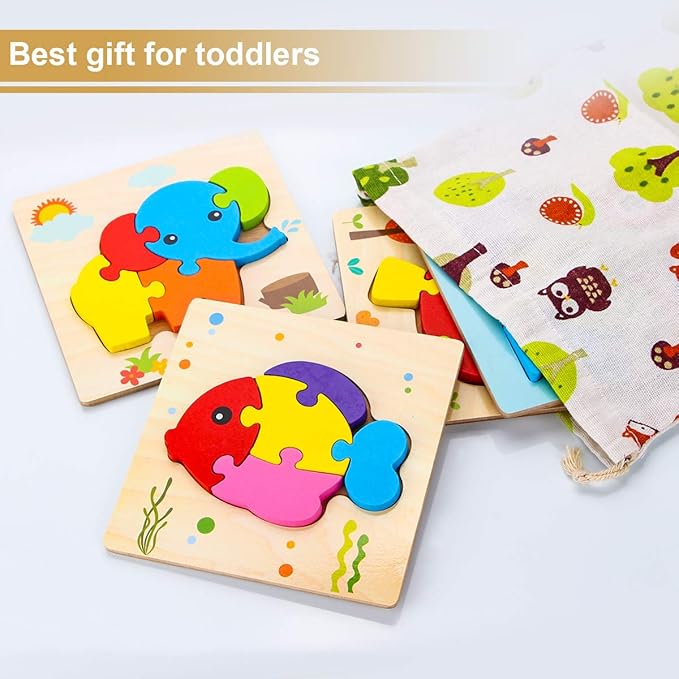 SKYFIELD Wooden Animal Toddler Puzzles for 1 2 3 Years Old Boys & Girls, Baby STEM Educational Toy Gift with 4 Animals Montessori Bright Color Shapes Learning Puzzles,Great Gift Ideas for 1-3