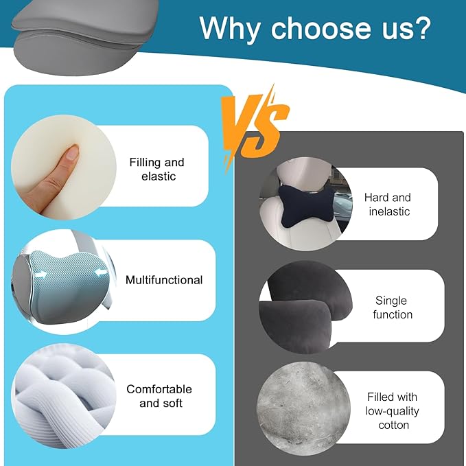2Pcs 2025 Double-Layer Car Pillow, Cloud-Like Comfort Car Neck Pillow, Dual C-Curve Support Car Headrest Pillow – Experience First-Class Driving Comfort. (Gray)