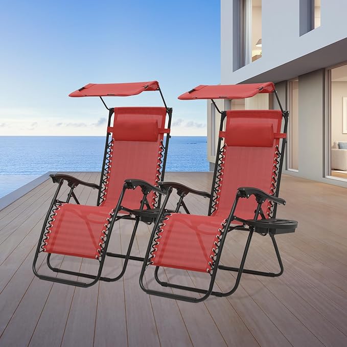Athena Collection Zero Gravity Outdoor Lounge Chair Set of 2 with Canopy Shade, 25" Width Pool Lounge Lawn Chairs Reclining with Cup Holder, Outdoor Chaise for Beach Patio Outside, Dark Red