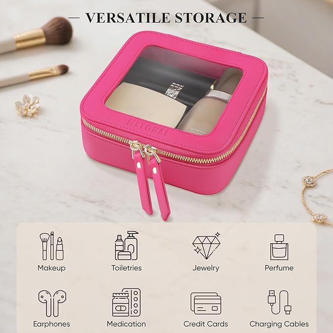 MSTONAL Clear Makeup Bag, Travel Toiletry Bag Cosmetic Case for Women, Waterproof Portable Small Make Up Skincare Pouch with Zipper, Compact Car Organizer Bag for Essentials, Mini Size, Hot Pink