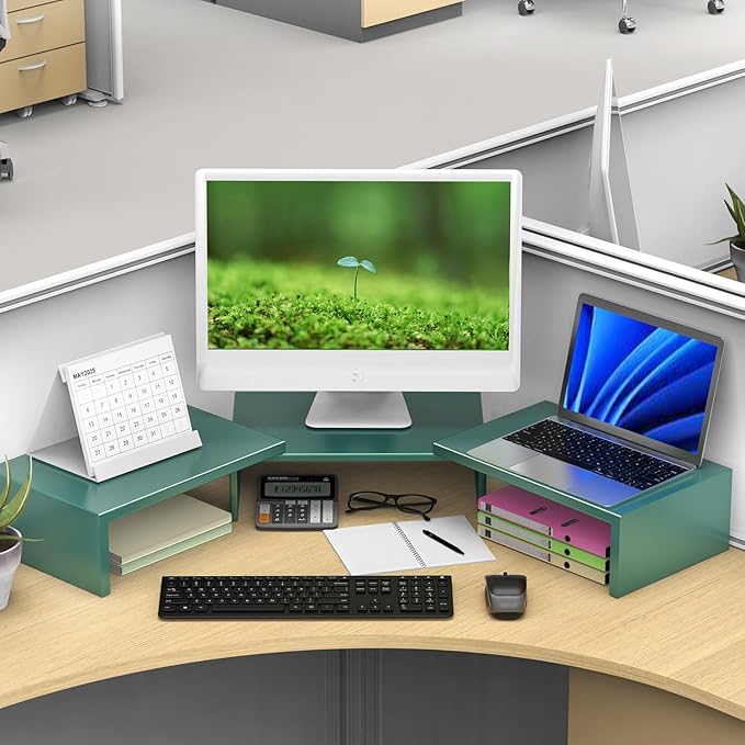 OUTIOE Dual Monitor Stand for Desk, Metal Computer Stand, Desk Shelf Riser,Desktop Organizer for Home and Office Use (Green)