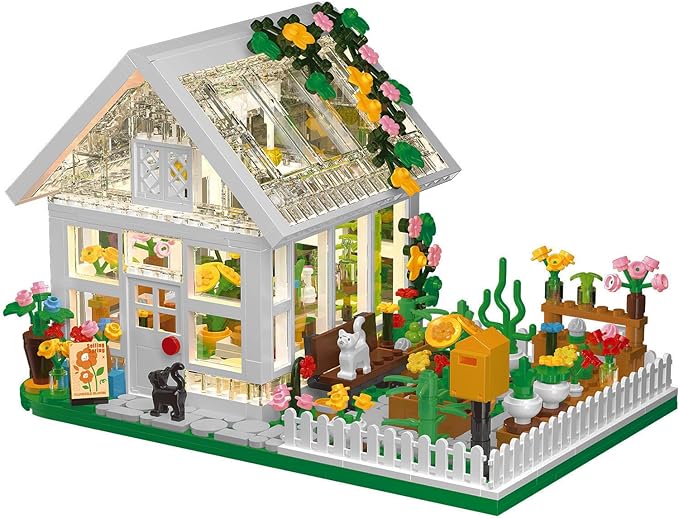 Flower House Building Mini Set with LED, City Street View Greenhouse Building Blocks Toy, Valentine Xmas Gift for Friends or Girls 8-12 Year
