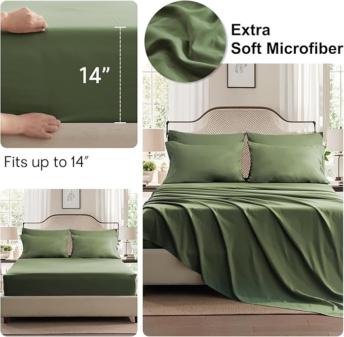 Anluoer Olive Green California King Comforter Set 7 Pieces, Bed in a Bag with Sheets, All Season Bedding Sets with 1 Comforter, 2 Pillow Shams, 2 Pillowcases, 1 Flat Sheet, 1 Fitted Sheet