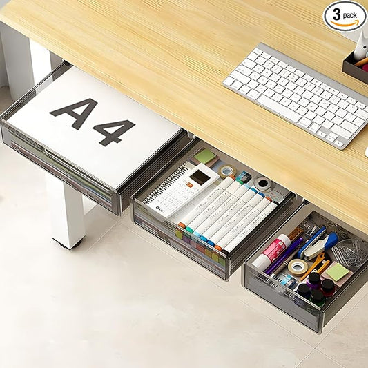 Under Desk Table Drawer Storage Organizer,3 Pack Large & Medium & Small Slide Out Desk Drawers - Hidden Desktop Organizer,Attachable Pencil Storage Tray Under Table(SML)