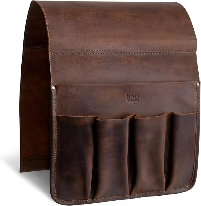 Hide & Drink, Magazine Holder for Sofa Armrest, Organizer Pouch, Armchair Caddy, Full Grain Leather, Handmade (Bourbon Brown)