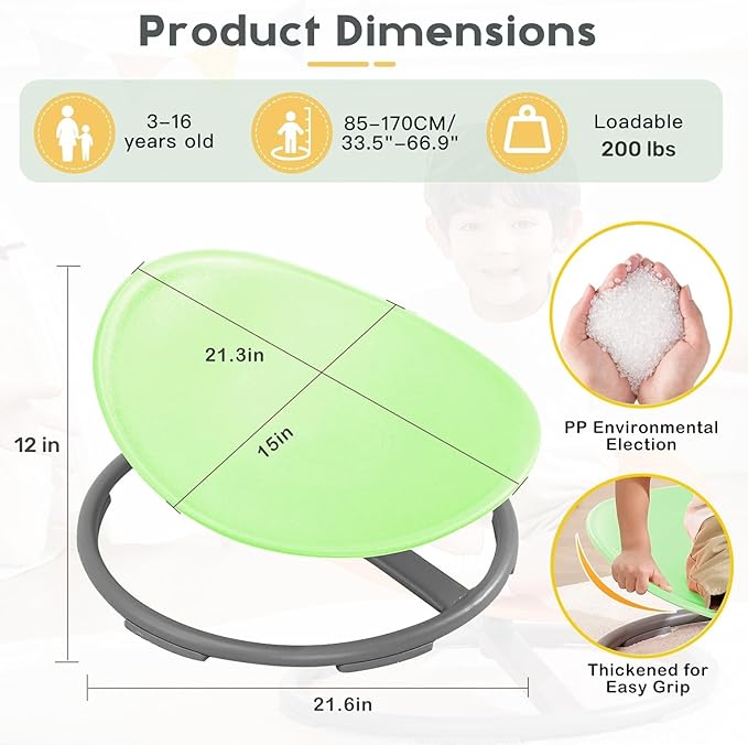 BABAMU Autism Kids Swivel Chair,Sit and Spin Chair for Kids,ADHD Sensory Integration Therapy,Training Body Coordination,Wobble Disk for Toddlers,Improve Focus,Metal Base Non Slip Safer（Green）