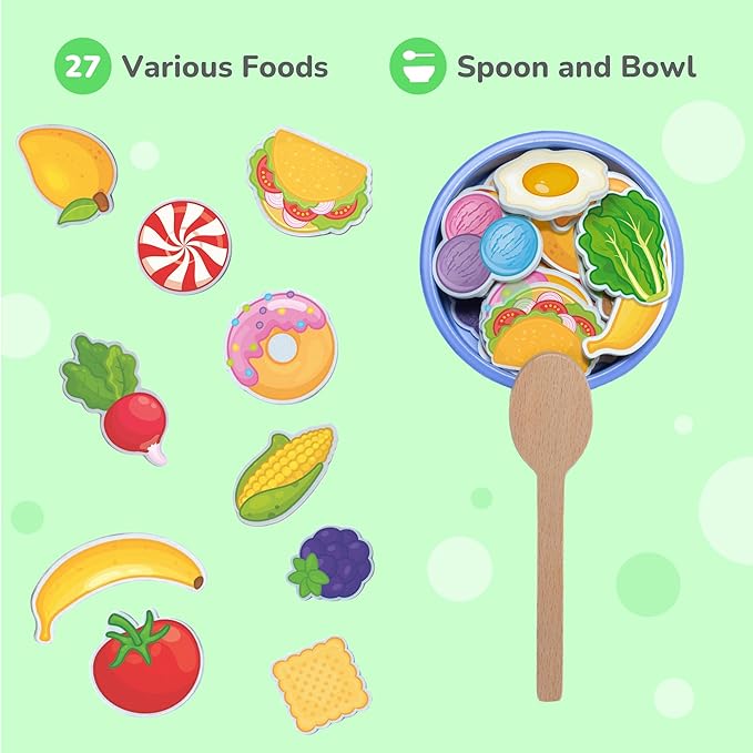 Bimi Boo Wooden Feeding Toy for Toddlers Ages 1-4+ - Pretend Food Game for Preschoolers, Play Food Set for Kids, Learning Resources Food Group Activities - 27 Various Foods, a Spoon, Bowl